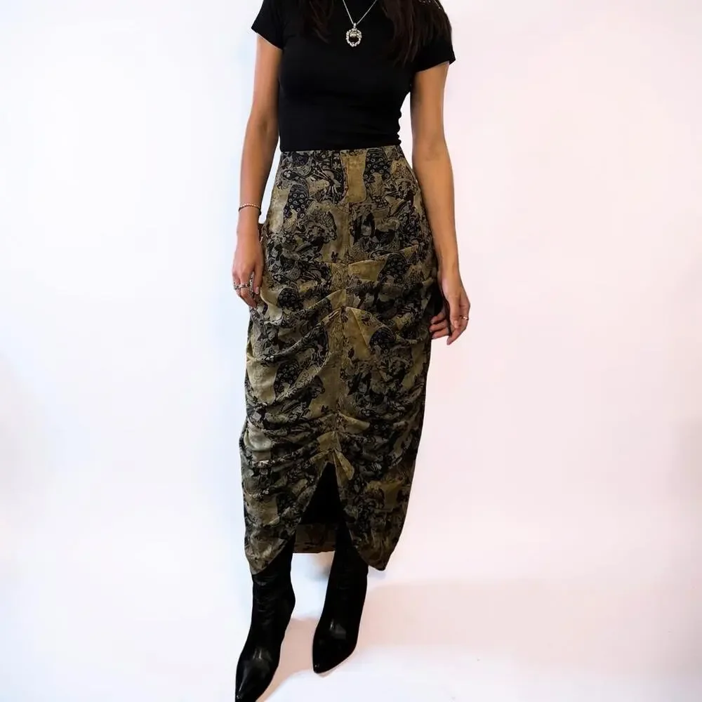 Basia Asian Toile Mesh Ruched Midi Skirt High Waist XS S
